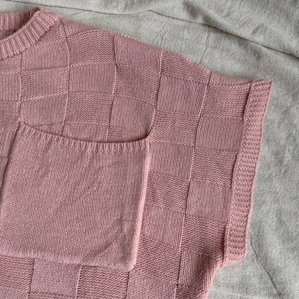 Pink 4XL Basket Weave Texture Checkerboard Knit Short Sleeve Boxy Sweater Boho - Picture 4 of 8